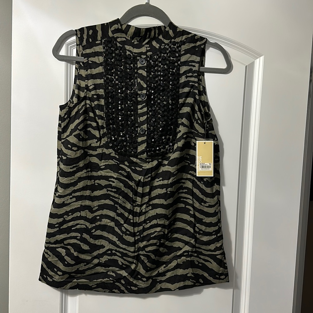 Gorgeous green/black Michael Kors sleeveless 100% cotton top with beading.